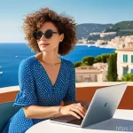Home 19 휴대용 모니터의 해상도와 주사율 비교 - **Prompt: "Creative Professional at Côte d'Azur Terrace with 4K OLED Monitor"**
A stylish female...