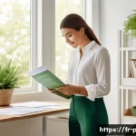 Home 18 프린터의 자동 양면 인쇄 기술 - A serene and modern home office scene. A young woman, dressed in chic, comfortable business casual a...