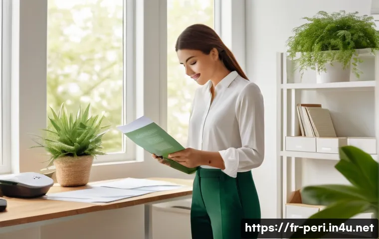 프린터의 자동 양면 인쇄 기술 - A serene and modern home office scene. A young woman, dressed in chic, comfortable business casual a...