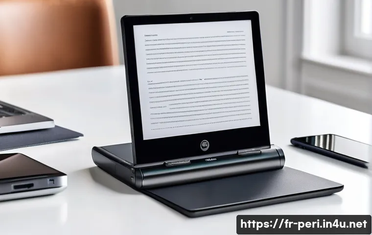 포터블 스캐너 추천 및 사용 팁 - A sleek, modern portable scanner placed on a minimalist wooden desk next to a laptop and smartphone,...