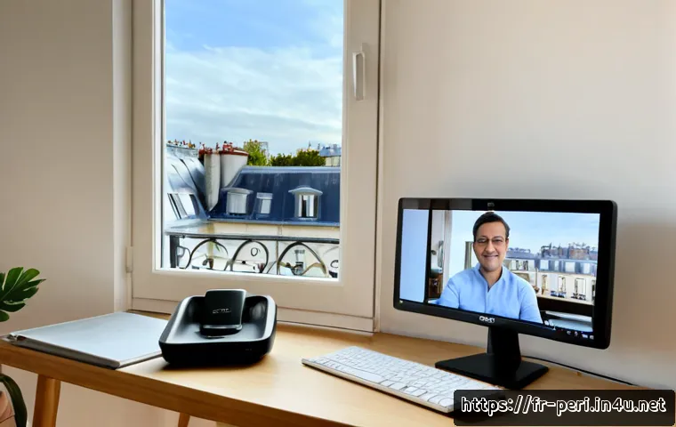 고해상도 웹캠 추천 - Photorealistic high-resolution webcam on a sleek monitor in a bright Paris apartment home office, ma...